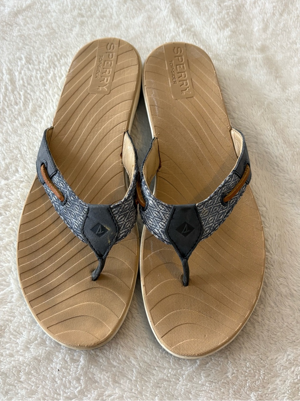 Sperry Topslider Sandals Blue Patterned Leather-Strap Thong Sandals Tan Footbed